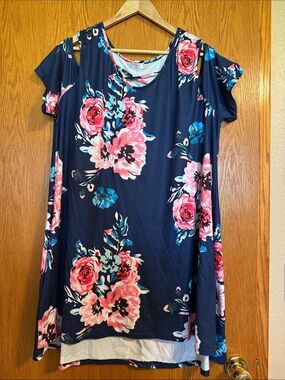 Navy Floral Shift Dress with Pink Rose Print
